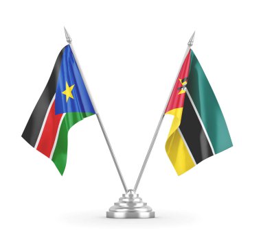 Mozambik ve Güney Sudan masa bayrakları beyaz 3D görüntüleme üzerinde izole
