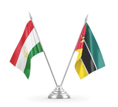 Mozambik ve Tacikistan masa bayrakları beyaz 3D görüntüleme üzerinde izole edildi