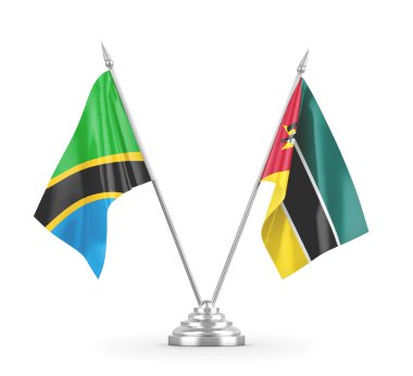 Mozambik ve Tanzanya masa bayrakları beyaz 3D görüntüleme üzerinde izole