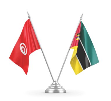 Mozambik ve Tunus masa bayrakları beyaz 3D görüntüleme üzerinde izole edildi