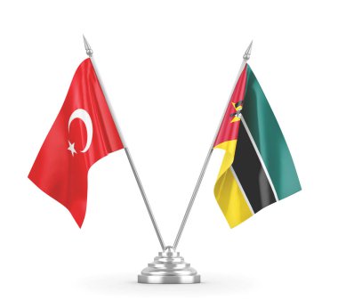Mozambik ve Türkiye masa bayrakları beyaz 3D görüntüleme üzerinde izole edildi