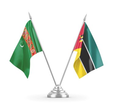 Mozambik ve Türkmenistan masa bayrakları beyaz 3D görüntüleme üzerinde izole edildi