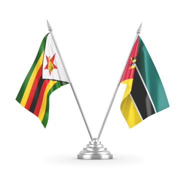 Mozambik ve Zimbabwe masa bayrakları beyaz 3D görüntüleme üzerinde izole