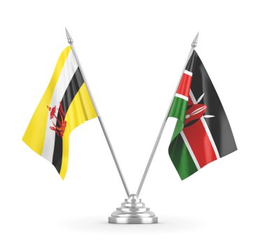 Kenya ve Brunei masa bayrakları beyaz 3D görüntüleme üzerinde izole