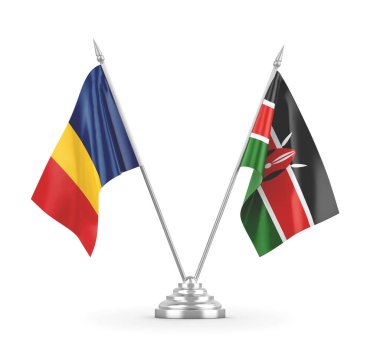 Kenya ve Chad masa bayrakları beyaz 3D görüntüleme üzerinde izole 