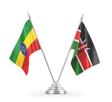 Kenya ve Etiyopya masa bayrakları beyaz 3D görüntüleme üzerinde izole