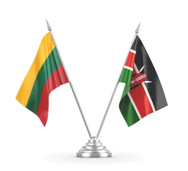 Kenya ve Litvanya masa bayrakları beyaz 3D görüntüleme üzerinde izole edildi
