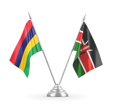 Kenya ve Mauritius masa bayrakları beyaz 3D görüntüleme üzerinde izole edildi