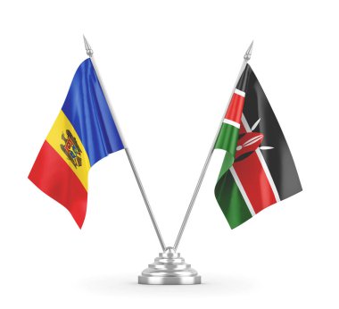 Kenya ve Moldova masa bayrakları beyaz 3D görüntüleme üzerinde izole edildi