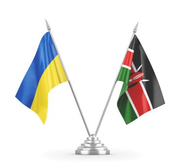 Kenya ve Ukrayna masa bayrakları beyaz 3D görüntüleme üzerinde izole