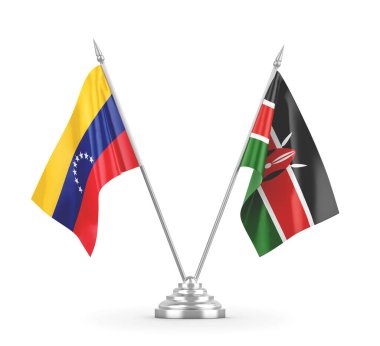 Kenya ve Venezuela masa bayrakları beyaz 3D görüntüleme üzerinde izole
