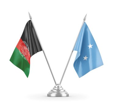 Mikronezya ve Afganistan masa bayrakları beyaz 3D görüntüleme üzerinde izole 
