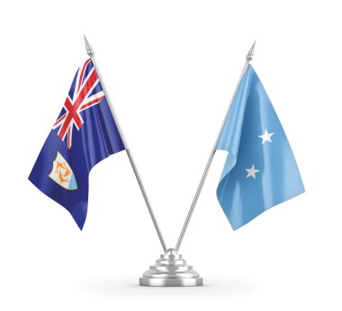 Mikronezya ve Anguilla masa bayrakları beyaz 3D görüntüleme üzerinde izole