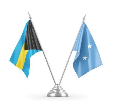 Mikronezya ve Bahamalar masa bayrakları beyaz 3D görüntüleme üzerinde izole 