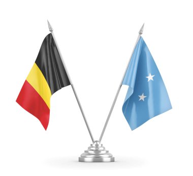 Mikronezya ve Belçika masa bayrakları beyaz 3D görüntüleme üzerinde izole 