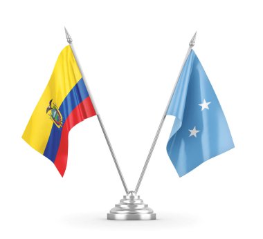 Mikronezya ve Ekvador masa bayrakları beyaz 3D görüntüleme üzerinde izole