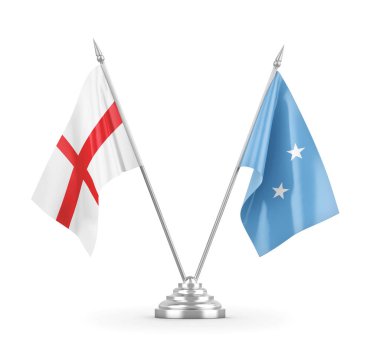 Mikronezya ve İngiltere masa bayrakları beyaz 3D görüntüleme üzerinde izole