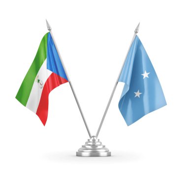 Mikronezya ve Ekvator Gine masa bayrakları beyaz 3D görüntüleme üzerinde izole