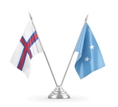 Mikronezya ve Faroe Adaları masa bayrakları beyaz 3D görüntüleme üzerinde izole