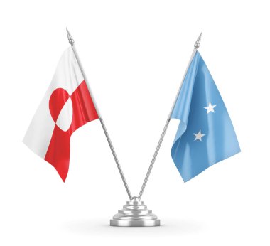 Mikronezya ve Grönland masa bayrakları beyaz 3D görüntüleme üzerinde izole edildi