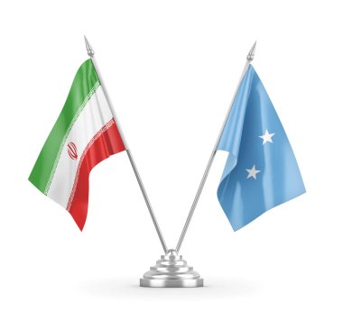 Mikronezya ve İran masa bayrakları beyaz 3D görüntüleme üzerinde izole edildi