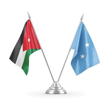 Mikronezya ve Ürdün masa bayrakları beyaz 3D görüntüleme üzerinde izole