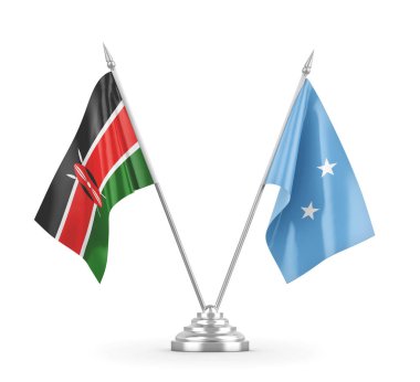 Mikronezya ve Kenya masa bayrakları beyaz 3D görüntüleme üzerinde izole