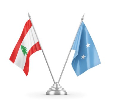 Mikronezya ve Lübnan masa bayrakları beyaz 3D görüntüleme üzerinde izole edildi