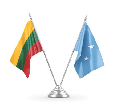 Mikronezya ve Litvanya masa bayrakları beyaz 3D görüntüleme üzerinde izole