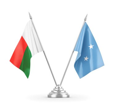 Mikronezya ve Madagaskar masa bayrakları beyaz 3D görüntüleme üzerinde izole