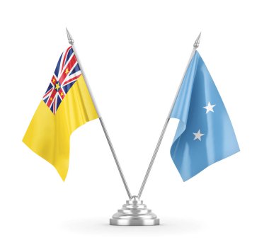 Mikronezya ve Niue tablo bayrakları beyaz 3D görüntüleme üzerinde izole