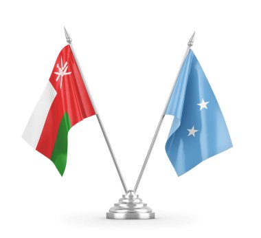 Mikronezya ve Umman masa bayrakları beyaz 3D görüntüleme üzerinde izole