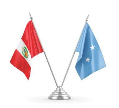 Mikronezya ve Peru masa bayrakları beyaz 3D görüntüleme üzerinde izole