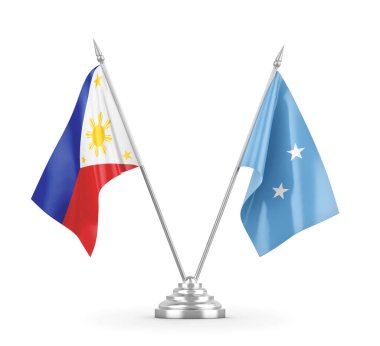 Mikronezya ve Filipinler masa bayrakları beyaz 3D görüntüleme üzerinde izole