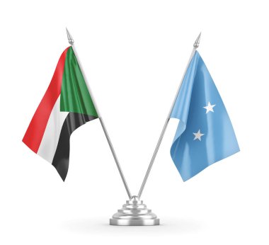 Mikronezya ve Sudan masa bayrakları beyaz 3D görüntüleme üzerinde izole edildi