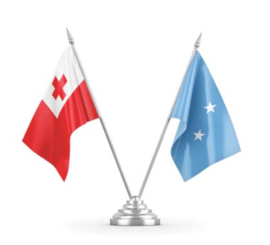 Mikronezya ve Tonga masa bayrakları beyaz 3D görüntüleme üzerinde izole