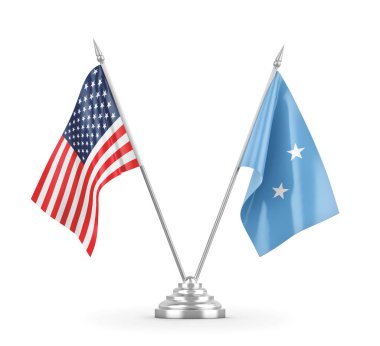 Mikronezya ve Amerika Birleşik Devletleri bayrakları beyaz 3D görüntüleme üzerinde izole edildi