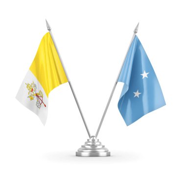 Mikronezya ve Vatikan masa bayrakları beyaz 3D görüntüleme üzerinde izole