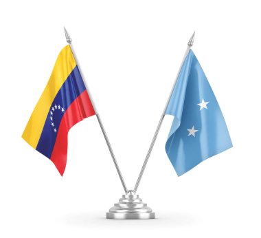 Mikronezya ve Venezuela masa bayrakları beyaz 3D görüntüleme üzerinde izole