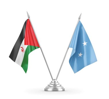 Mikronezya ve Batı Sahra masa bayrakları beyaz 3D görüntüleme üzerinde izole