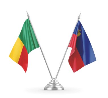 Lihtenştayn ve Benin masa bayrakları beyaz 3D görüntüleme üzerinde izole 