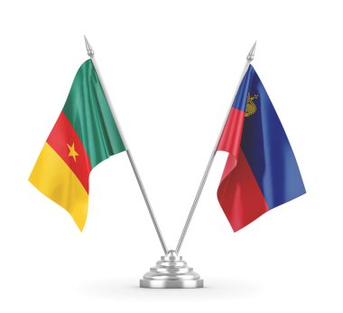 Lihtenştayn ve Kamerun masa bayrakları beyaz 3D görüntüleme üzerinde izole 
