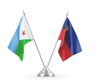 Lihtenştayn ve Cibuti masa bayrakları beyaz 3D görüntüleme üzerinde izole edildi