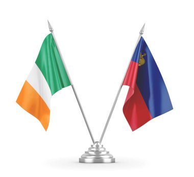 Lihtenştayn ve İrlanda masa bayrakları beyaz 3D görüntüleme üzerinde izole