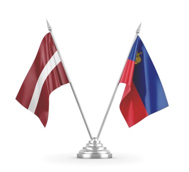 Lihtenştayn ve Letonya masa bayrakları beyaz 3D görüntüleme üzerinde izole