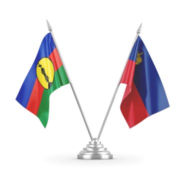 Lihtenştayn ve Yeni Kaledonya masa bayrakları beyaz 3D görüntüleme üzerinde izole