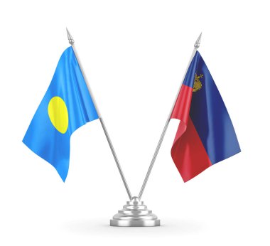 Lihtenştayn ve Palau masa bayrakları beyaz 3D görüntüleme üzerinde izole