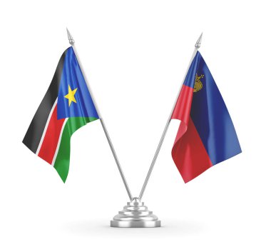 Lihtenştayn ve Güney Sudan masa bayrakları beyaz 3D görüntüleme üzerinde izole