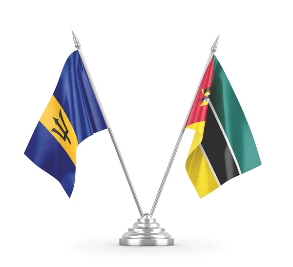 Banderas de mesa Mozambique y Barbados aisladas en renderizado 3D blanco — Foto de Stock