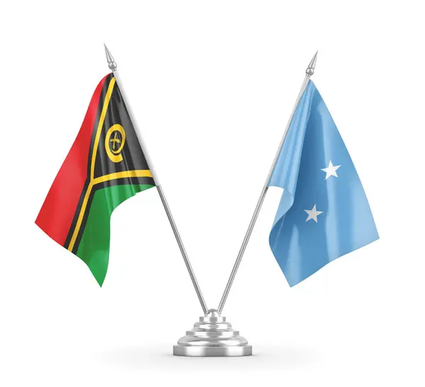Banderas de mesa Micronesia y Vanuatu aisladas en renderizado 3D blanco — Foto de Stock